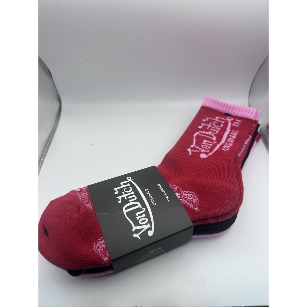 VON DUTCH ORIGINALS COTTON BLEND 3pk  CREW SOCKS PINK RED BLACK UNISEX NEW